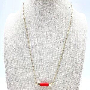 Red Bar Pendant Necklace Gold Tone Minimalist Jewelry